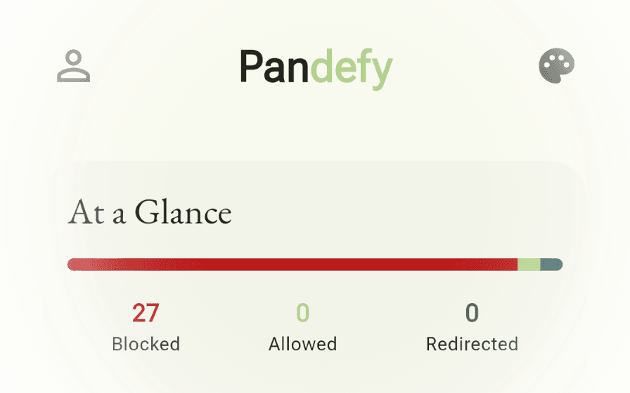 Pandefy application dashboard showing network activity and blocked threats